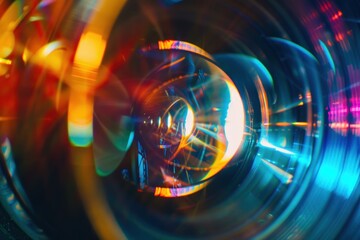 Close-Up of Camera Lens with Colorful Light Flares
