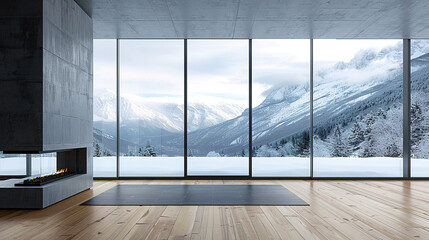 Fototapeta premium Contemporary Empty Home with Wide Open Snowy Mountain View. Spacious Home Design. Empty modern home interior with panoramic windows, wooden floor, and fireplace, overlooking snowy mountains