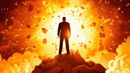 Powerful image of a man in suit standing on an explosion, symbolizing strength and authority against a dark background.