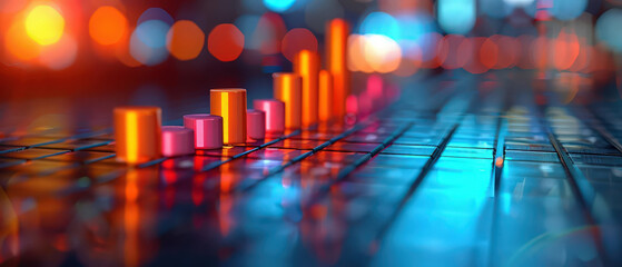 Colorful 3D bar graph on a digital screen with glowing backgrounds, representing data analytics, technology, and business analysis.