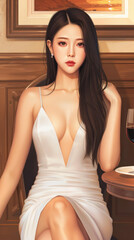 Photorealistic image of a cute Korean girl with white skin and long black hair on a romantic date in a star restaurant.