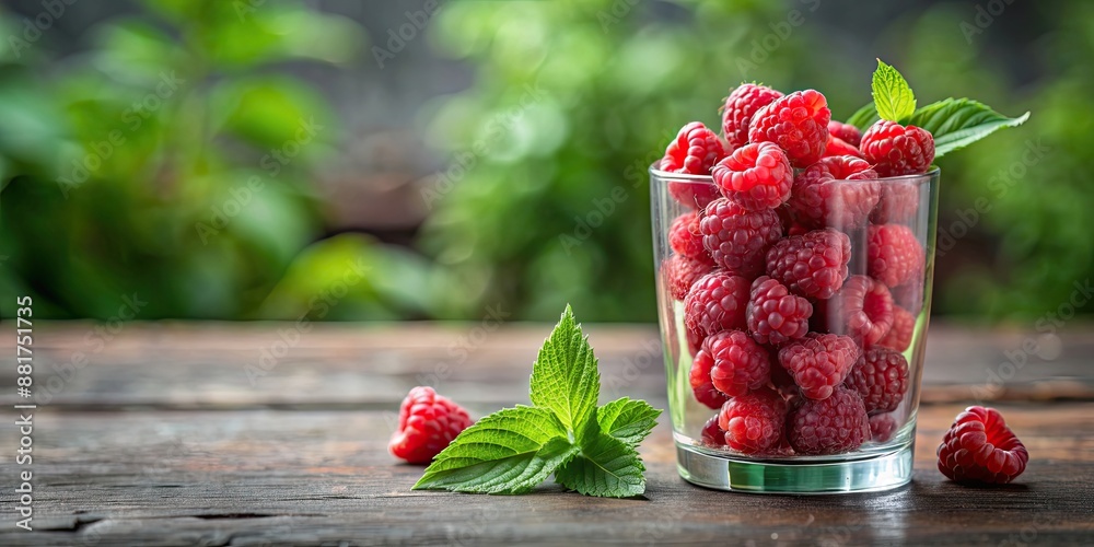 Poster Fresh raspberries in a glass , berries, fruit, red, summer, healthy, delicious, vibrant, organic, snack, dessert, juicy