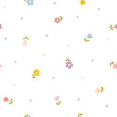Floral pattern seamless meadow flowers in simple hand drawn cartoon Scandinavian style pastel palette. Childish cute simple minimalistic background. Ideal for nursery, fabric, baby clothes, wallpaper. © Svitlana Kharchuk