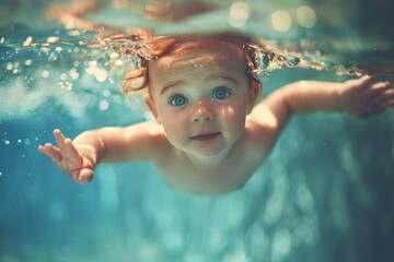 Cute little baby swimming under water. Baby swimming classes