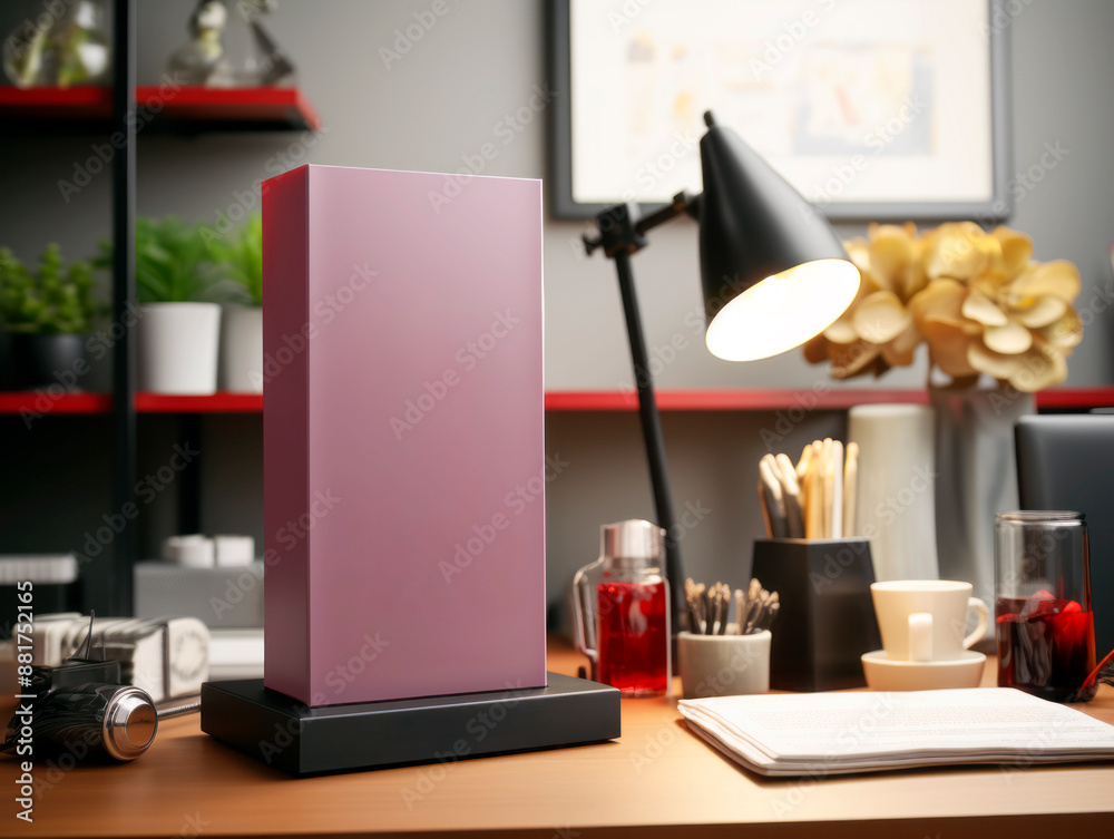 Poster blank purple mockup box on a desk with a lamp and office supplies, ideal for branding presentation. 