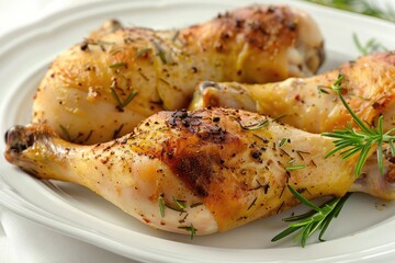 Grilled chicken legs with rosemary and spices on a white plate