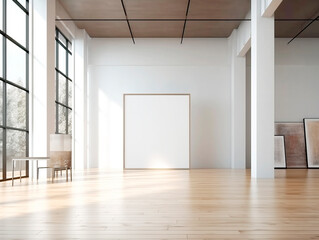 An interior design mockup with blank frames on wooden floor against a white wall, embodying a minimalist aesthetic with clean lines. Generative AI