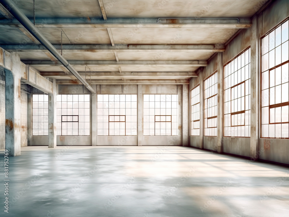 Poster an empty industrial loft with large windows, concrete columns, and glossy floor, concept of spacious