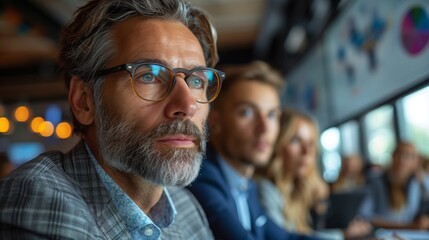 Focused Businessman in Conference Room. Mature businessman in glasses attentively listening during a business meeting in a modern conference room.