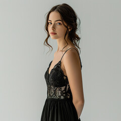 Fototapeta premium a woman in black dress with lace on plain white background, with empty copy space,