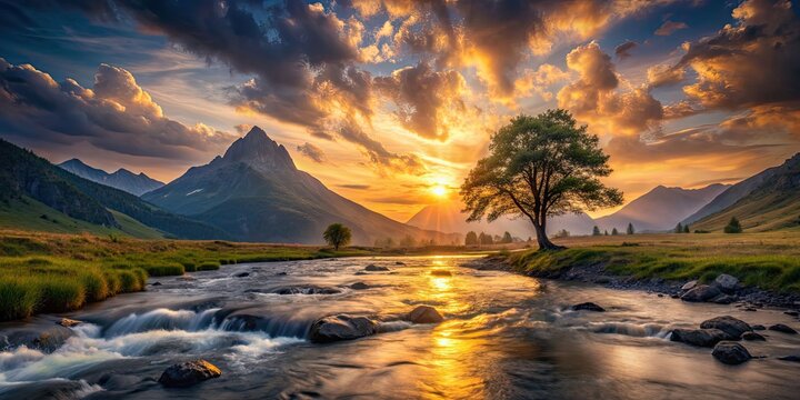 Epic sunset over majestic mountain landscape with flowing river and lone tree , sunset, epic, majestic, mountain, landscape