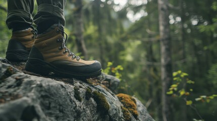 A close-up of a hiker's boots on a rocky outcrop in a forest, emphasizes the rugged and adventurous nature of hiking. Ideal for promoting hiking gear, forest exploration, and outdoor activities