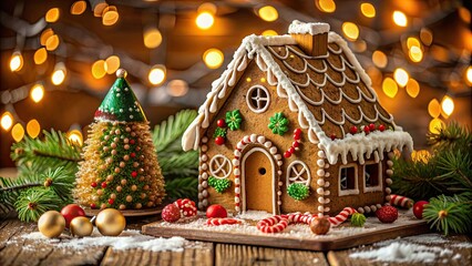 Gingerbread house adorned with festive Christmas decorations, gingerbread, house, home, holiday, Christmas, festive, decorations, candy
