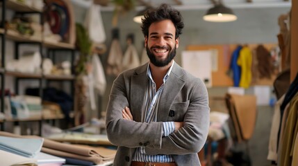 Fototapeta premium Stylish Men's Fashion Designer in a Modern Studio with Fabric and Sketches, Smiling, Highlighting Passion and Creativity in Trendy and Creative Menswear Design