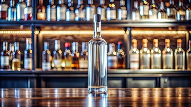 Sleek artisanal vodka bottle on modern bar counter, ready to be savored and captured in high def , artisanal