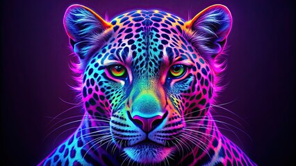Neon purple leopard face with vibrant colors and bold patterns, neon, purple, leopard, face, wild, animal, vibrant, colors