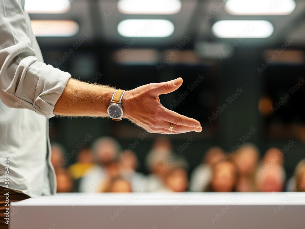Poster close-up of a speaker's hand gesturing during a presentation, with a blurred audience in the backgro