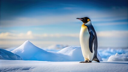 Fototapeta premium Penguin standing on snow in a snowy landscape, penguin, snow, winter, cold, icy, Antarctica, cute, animal, wildlife, nature, bird