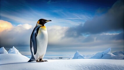 Obraz premium Penguin standing on snow in a snowy landscape, penguin, snow, winter, cold, Antarctic, bird, fluffy, arctic, nature, wildlife, ice