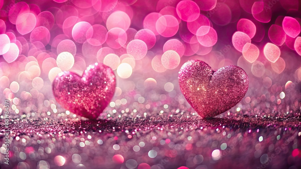 Wall mural Romantic pink glitter hearts with bokeh effect , love, romance, Valentine's Day, girly, sparkly, shiny