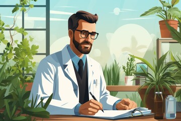 Fototapeta premium Botanist Recording Observations in a Greenhouse