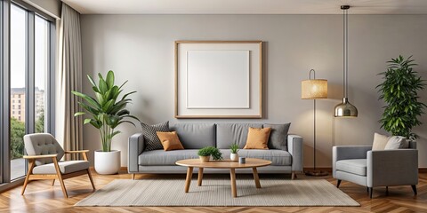 Fototapeta premium Mockup poster frame hanging on the wall of a modern living room , interior design, home decor, blank frame, mockup