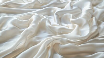Close up of wrinkled white silk fabric draped in gentle waves bed sheet is empty