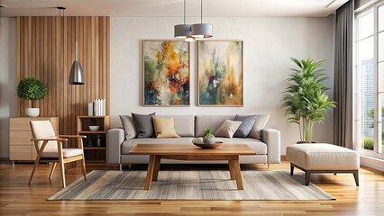 Living room with modern chair, wooden table, and abstract art on the wall, furniture, interior design, home decor