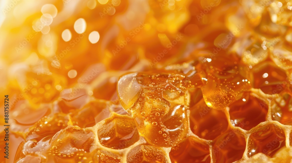 Aufkleber close up of honeycombs filled with golden honey on a wax background