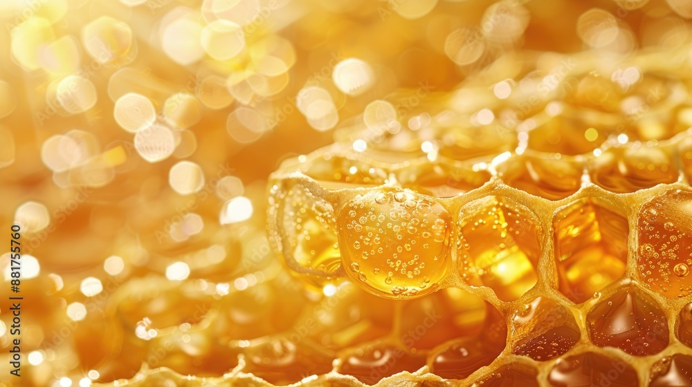 Aufkleber close up of honeycombs filled with golden honey on a wax background