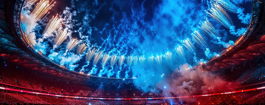 vu depuis l'int&eacute;rieur d'un stade, un feu d'artifice pour f&ecirc;ter la victoire