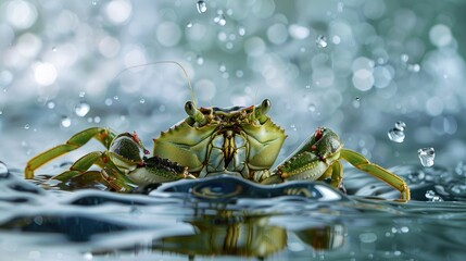 Fototapeta premium Close up photo of a fresh green crab on shiny silver backdrop in a studio setting Contemporary still life with room for text