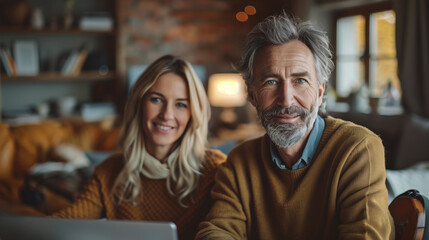 Fototapeta premium Happy Mature Couple in Cozy Living Room. Happy mature couple sitting together in a cozy living room, smiling and enjoying each other's company.
