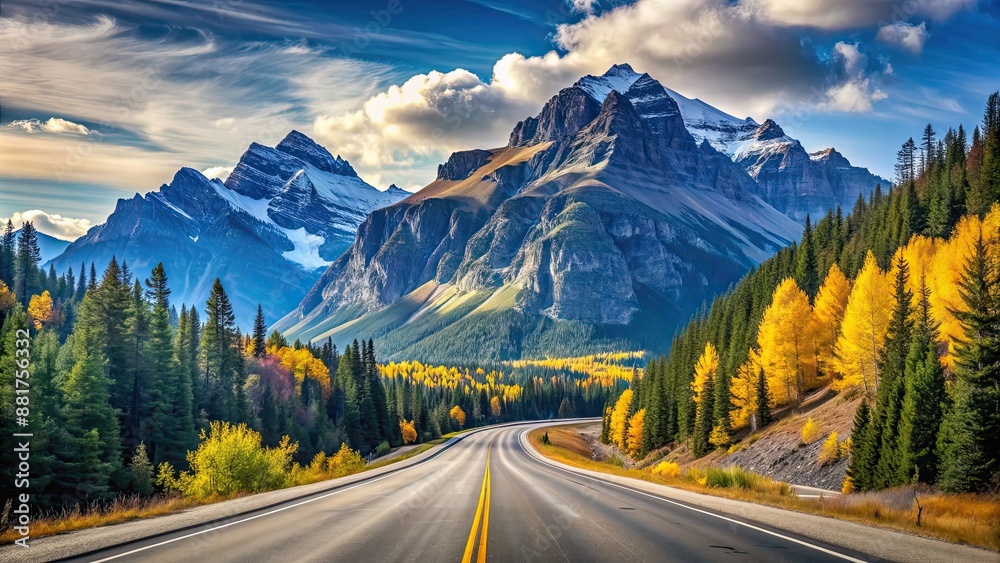 Wall mural Empty highway winding through majestic mountain peaks on a clear sunny day with bright, saturated colors, highway, empty