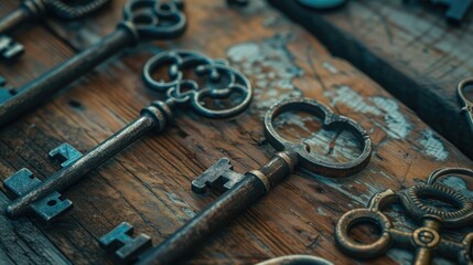 Close up of multiple old keys on wooden board