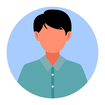 flat icon avatar. no face and with blue shirt. boy with black presentable hair. for student or office profile picture clip art with blue circle border.
