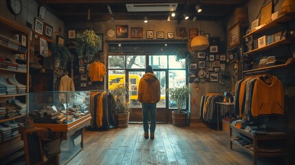 Man in Cozy Vintage Clothing Store. Man stands inside a cozy vintage clothing store, looking at the display, surrounded by various clothing items and decorations.