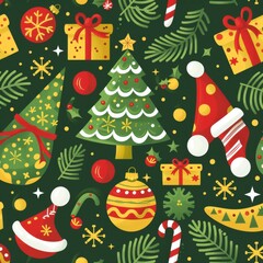 A green and red Christmas scene with a tree, hats, and presents. The tree is decorated with a star on top and a bow around its trunk. There are also several other trees