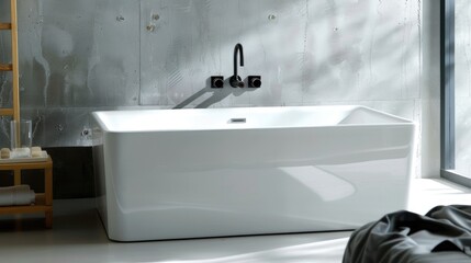 Clean rectangular bathtub with wall mounted black faucet and single lever handle