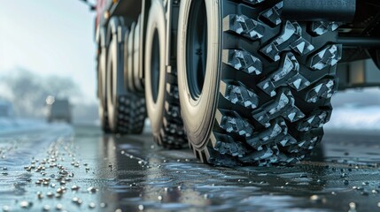 Close up side view of a large studded tire in automotive industry highlighting seasonal updates for trucks and cars