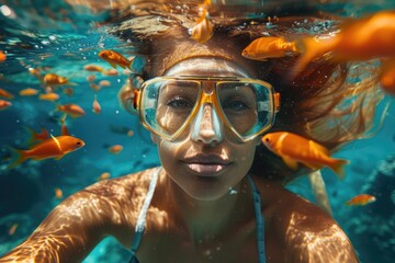 Naklejka premium beautiful woman snorkeling underwater. ai generated