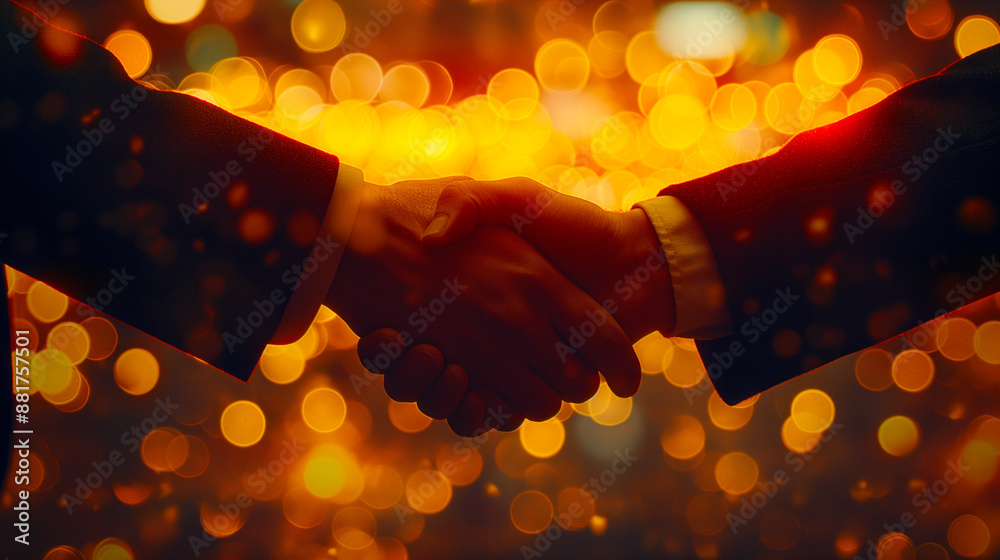 Poster two people in business attire shaking hands with bokeh lights in the background, symbolizing agreeme