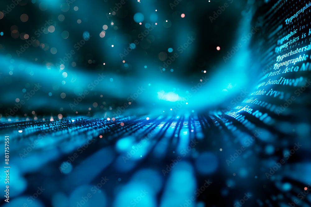 Poster Abstract digital bokeh effects over blue binary code, concept of technology and data science. Generative AI