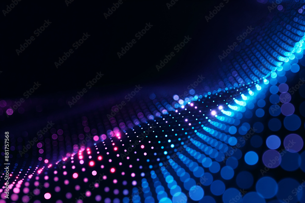 Poster Abstract glowing dots forming a wave on a dark background, representing digital technology. Generative AI