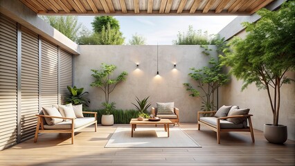 Fototapeta premium Minimalist outdoor patio with tranquil vibes, peaceful, serene, simple, modern, clean, elegant, tranquil