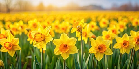 Vibrant wild yellow daffodils blooming in a field , spring flowers, nature, garden, sunny, bright, petals, meadow