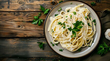 Bright plate of creamy fettuccine Alfredo garnished with fresh parsley on a rustic wooden table