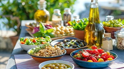 Colorful array of Mediterranean dishes with olive oil, nuts, and leafy greens on a seaside patio table