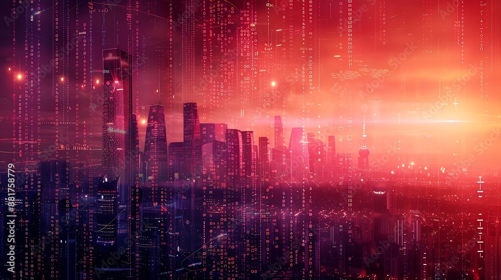 Aufkleber Binary computer code virtual city skyline Matrix Mixed Media Background : Generative AI