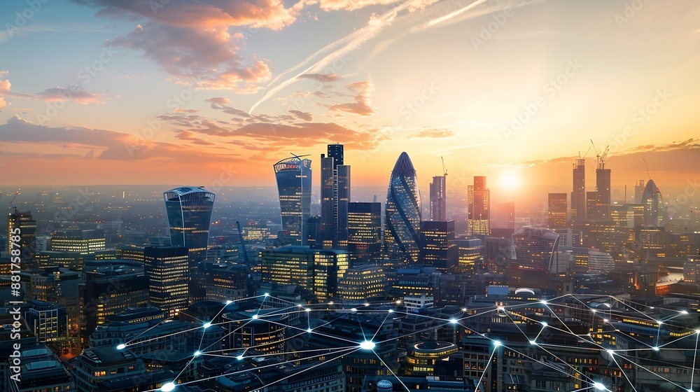 Poster city of london view with matrix concept and digital connections virtual connectivity of the city fin